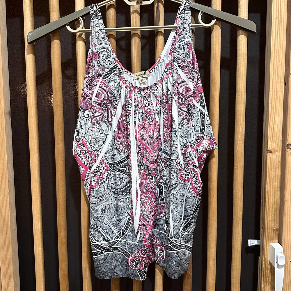One World Women Top Size L Pink Gray Boho Cold Shoulder Tunic